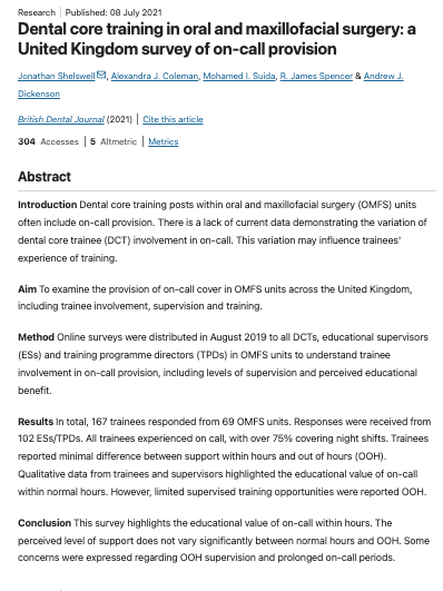 Dental core training in oral and maxillofacial surgery: a United Kingdom survey of on-call provision