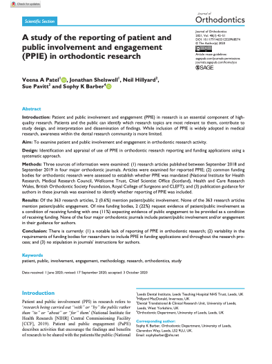 A study of the reporting of patient and public involvement and engagement (PPIE) in orthodontic research